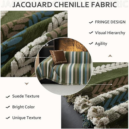 STACYPIK Thick Jacquard Green Couch Cover, Washable Sofa Cover for 3 Cushion Couch, Washable Chenille Couch Cover Blanket, Multi-use Sofa Protector Slipcover, Furniture Protector Pet-Friendly-71X150IN