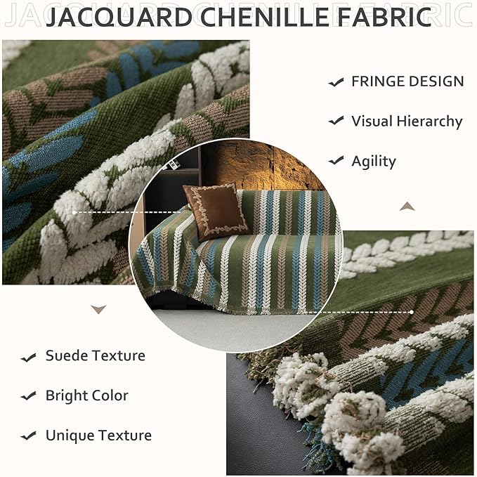 STACYPIK Thick Jacquard Green Couch Cover, Washable Sofa Cover for 3 Cushion Couch, Washable Chenille Couch Cover Blanket, Multi-use Sofa Protector Slipcover, Furniture Protector Pet-Friendly-71X134IN