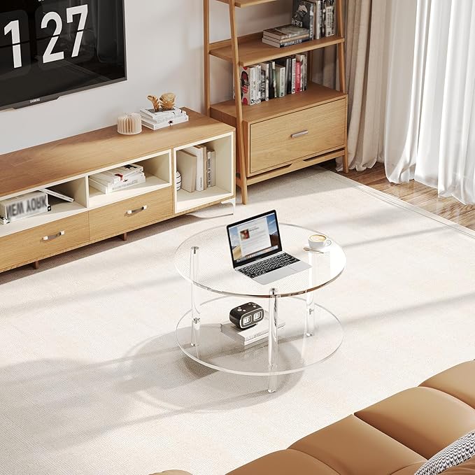 Acrylic Round Coffee Table, 23.6" Wide Modern Tea Table with Storage Shelf, 2-Tier Circle Center Table for Living Room, Office Reception and Apartment (Clear)