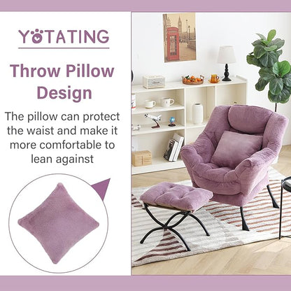 Lazy Chair with Ottoman, Comfy Reading Lounge Chair with Footstool & Throw Pillow Modern with Armrests & Side Pocket for Living Room, Bedroom, Dorm Room, Plush Purple