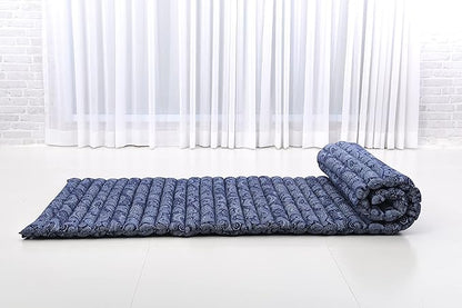 Leewadee - Foldable Floor Mattress - Japanese Roll Up Futon -Trifold Tatami Mat- Guest Floor Bed - Camping Mattress - Thai Massage Mat, Kapok Filled, 75 x 28 inches, Blue White