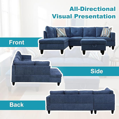 L Shaped Couch Modern Sectional Couch Upholstered Linen Fabric 3 Pieces Sofas for Living Room with Chaise, Storage Ottoman for Office and Small Apartment, Blue