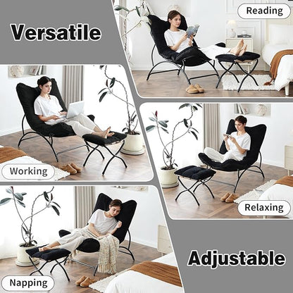 Welnow Accent Chair with Ottoman, Lounge Comfy Soft Leisure Metal Frame Reading Chair with Footrest, Upholstered Thick Cushion Seated Recliner Sofa for Living Room, Bedroom, Dorm, Black