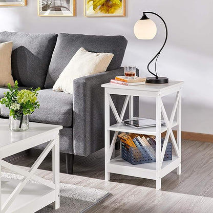 Yaheetech 3 Tier Sofa Side End Table with Shelf, X Shaped Sturdy Large Chair Side Snack Table for Living Room, Display Unit Organizer, White, 15.7 x 15.7 x 24’’ (L x W x H)