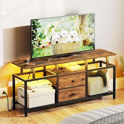 TV Stand with LED Light and Power Outlets, Entertainment Center with Fabric Drawers and Open Shelves, 41.7" TV Cabinet for TVs up to 45 Inch, Media Console for Living Room, Brown DS03UDBR