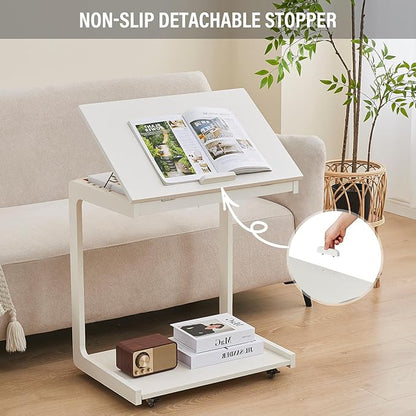 CozyDH Adjustable C Shaped End Table, Rolling Side Table Solid Wood TV Sofa Tray Table for Couch Arm Eating Multi-Purpose, Small Coffee Table with Wheels Living Room Bedroom, White