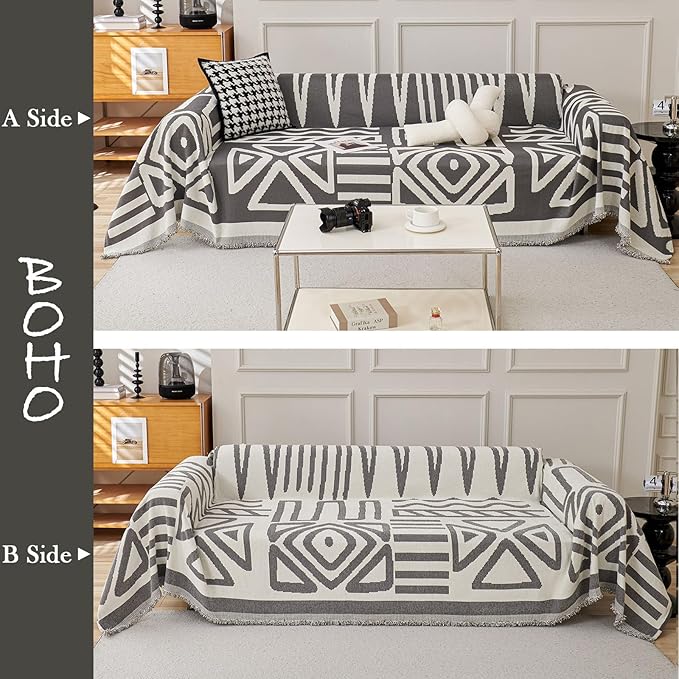 HANDONTIME Reversible Sofa Cover Boho Geometric Couch Cover for Dogs Dark Grey Couches Covers Washable Chenille Couch Covers for 3 Cushion Couch Pet Friendly Furniture Protector for Pets, 91" X118"