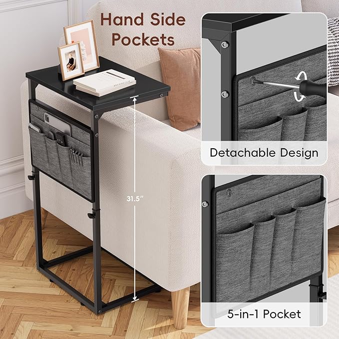 Vagusicc C Shaped End Table, Set of 2 Tall Side Table for Couch, Adjustable Height Small Couch Side Table for Small Spaces, End Table Slide Under Sofa Table TV Tray Arm Table for Living Room, Black