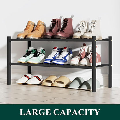 Smiry Shoe Rack, 2 Tier Bamboo Shoe Organizer, Stackable Free Standing Wooden Shoe Storage Shelf for Closet, Entryway, Front Door Entrance, Black