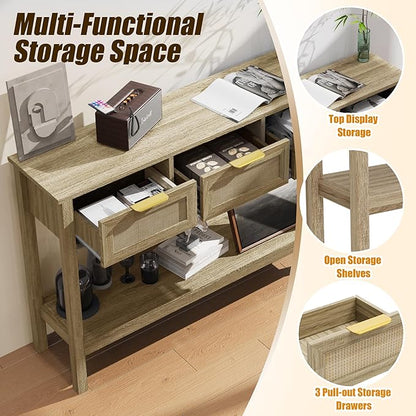 Entryway Table, Rattan Console Table with 3 Storage Drawers and Storage Shelf, Sofa Table with Socket, for Entryway, Living Room, Behind Couch and Hallway (Natural Wood)
