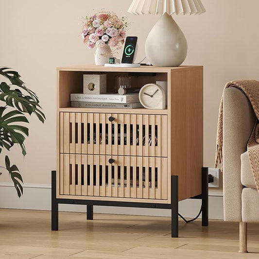 Vabches Nightstand with Charging Station and USB Ports,Industrial Style Fluted End Table, Bedside Table with 2 Drawers and Open Shelf, Sofa Side Table for Bedroom, Living Room, Set of 1