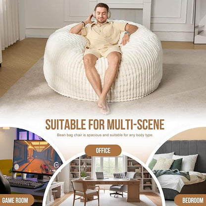 Hobestluk 5ft Bean Bag Chairs for Adults Large Beanbag Chair with Dutch Corded Plush Cover Big Bean Bag Chair for Living Room Bedroom Dorm Office - White (50” x 50” x 24”)