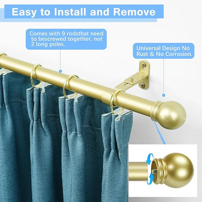 Curtain Rods for Windows 16 to 136 Inches, Curtain Rod Max Adjustable Length of 144 IN, 6/8" Diameter Drapery Rods Round Finials, Warm Gold, Pack of 1