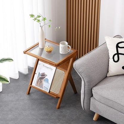 Tiita Rattan Side Table, Mid Century Nightstand, Bamboo Accent Bedside Tables, Glass Coffee Tables, Boho Wooden End Table with Storage for Small Space, Living Room and Bedroom