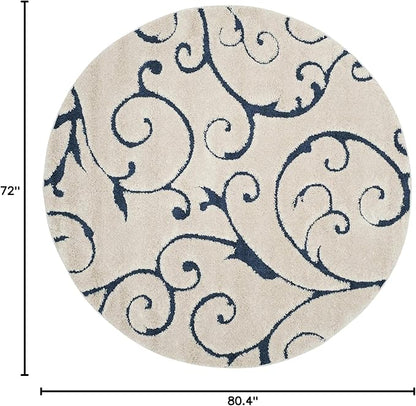 SAFAVIEH Florida Shag Collection Area Rug - 6'7" Round, Cream & Blue, Scroll Design, Non-Shedding & Easy Care, 1.2-inch Thick Ideal for High Traffic Areas in Living Room, Bedroom (SG455-1165)
