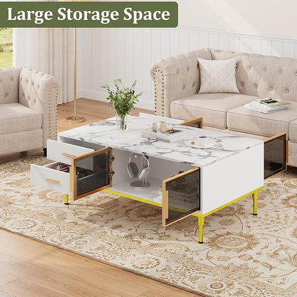 GAOMON Coffee Table for Living Room, Faux Marble Coffee Table with 4 Drawers and Glass Doors Storage, Modern Aesthetic Fluted Panel Design, White & Gold