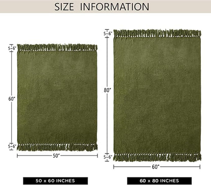 Chenille Throw Blanket for Couch 60"X 80" Twin, Soft Cozy Throws with Fringe Tassel for Bed Sofa Chair Cover, Lightweight Knitted Decorative Boho Blankets for Living Room, Olive Green