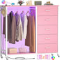 Cyclysio Dresser for Bedroom with Clothes Rack, 5 Fabric Drawers Dresser with Charging Station & LED Lights, Pink Storage Chest of Drawers with Wheels, Wooden Top, Lockable Wheels, Closet, Pink
