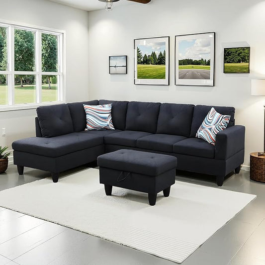 NicBex Sectional Couch 3 Pieces Sofa Set with Right Chaise Linen L Shaped Cloud Couch for Living Room Furniture Sets with Storage Ottoman, Modular Sofa for Living Room & Apartment, Black Grey