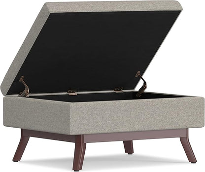 SIMPLIHOME Owen 34 inch Wide Mid Century Modern Rectangle Coffee Table Storage Ottoman in Cloud Grey Polyester Fabric, Assembled, For the Living Room, Entryway and Family Room