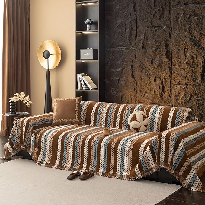 STACYPIK Khaki Jacquard Leaves Sofa Cover, Vintage Couch Cover for Dogs, Washable Pet Protector for 3 Cushion Couch, Non-slip Chenille Sofa Covers for Loveseat, Boho Couch Cover for Sectional-71X134IN