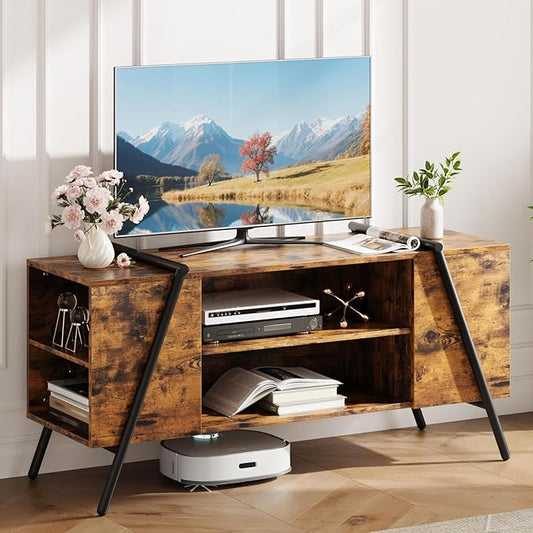 Garvee 47 Inch TV Stand with Slanted Metal Legs, Industrial Media Console with Adjustable Open Shelves, Wooden Entertainment Center Television Stand for Living Room, Bedroom, Orange Oak