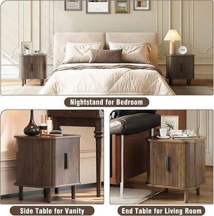 Fluted End Table with Sliding Tambour Door, Mid-Century Modern Bedside Table with Storage, Small Nightstand for Bedroom Living Room Side Table