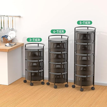 Kitchen Storage Rack No Assembly, 4-Tier Metal Storage Tower Cart Organizer on Rolling Wheels with Removal Basket for Fruit Vegetable Grocery Corns Potato Onion,Fruteros Para Cocina (4-Tier, Black)