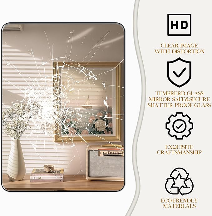 28×32 Black Bathroom Mirror, Rectangular Bathroom Vanity Mirror for Wall with Rounded Corners & Aluminum Alloy Frame, Tempered-Glass, Modern, Farmhouse, Horizontal/Vertical, Entryway, Bedroom