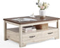 LINSY HOME Farmhouse Coffee Table with Storage, Wood Coffee Table for Living Room, Open Display Area and Storage Drawers with Metal Handles, Chic Style with Curved Base. Oak and Brown