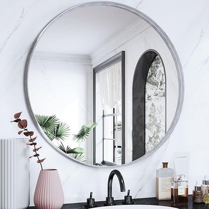 Suidia 30" x 30" Bathroom Mirror, Bathroom Vanity Mirror Metal Framed, Wall-Mounted Mirrors for Bedroom, Living Room, Entryway, Hallway, Silver, Round Style