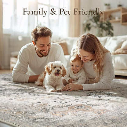 GENIMO 10x12 Area Rugs for Living Room, Non Slip Machine Washable Vintage Rugs, Low Pile Lightweight Chenille Print Large Rug for Bedroom, Dining Room, Home Office, Light Taupe Brown
