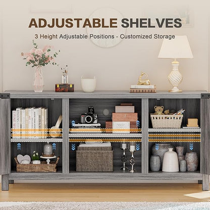 YESHOMY Farmhouse Buffet & Sideboard, 58" Kitchen Storage Cabinet with Adjustable Shelves & Doors, Wood Coffee Bar for Living Room, Entryway, Gray Washed