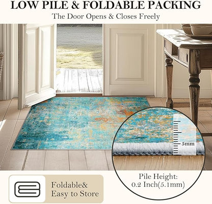 Washable Area Rugs 6'x9' Non-Slip Modern Abstract Soft for Living Room Entryway Bedroom Nursery, Print Pattern, Teal Blue Green Orange Rust Red Colorful