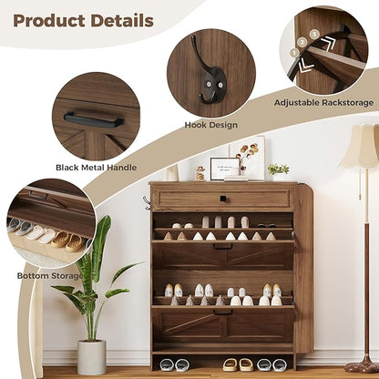 IRONCK Shoe Storage Cabinet with 2 Flip Drawers & Barn Door Design, Freestanding Shoe Cabinet Organizer with Drawer and Shelves for Entryway, Farmhouse Shoe Rack Cabinet,Dark Walnut