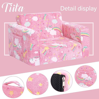 Tiita Kids Chair Couch, Folding Toddler Comfy Chair, 2-in-1 Kids Plush Sofa Fold Out, Baby Armrest Sofa to Lounger, Convertible Play Sofas to Bed for Girl or Boy, Pink Rainbow