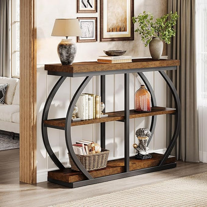 Tribesigns 41.3" Console Table, Industrial 3-Tier Entryway Table with Arched Metal Frame and Storage Shelves for Living Room, Hallway, Rustic Brown