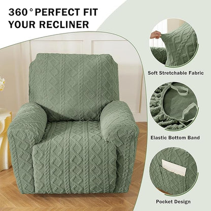 vctops Christmas Green 4 Pieces Geometric Jacquard Plush Recliner Slipcovers Soft Fuzzy Fluffy Sofa Couch Cover Anti-Slip Furniture Protector with Elastic Bottom for Kids Cats Dogs(Green,1 Seat)