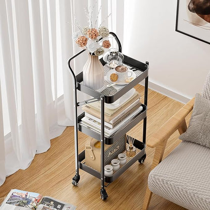 JAQ Foldable Rolling Cart, 3-Tier Metal Folding Storage Utility Carts Basket Rack with Removable Handle on Wheels for Snacks Books Fruits for Kitchen Dorm Pantry Bathroom - (Black, 3-Layer)