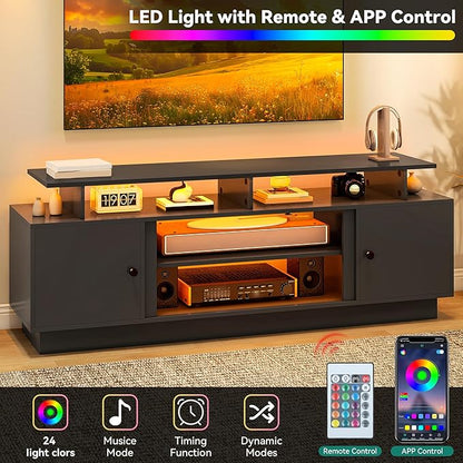 YITAHOME Modern TV Stand with LED Lights for up to 80 Inch TVs, Entertainment Center with Storage Cabinets & Movable Partition for Living Room (Black)