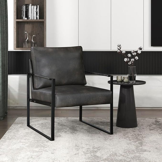 Lexicon Modern Accent Chair, Faux Leather Upholstered Living Room Chair With Wrapped Armrests, Arm Chair With Black Metal Frame,Comfy Single Chair For Living Room/Bedroom/Reading Room/Office,Dark Grey