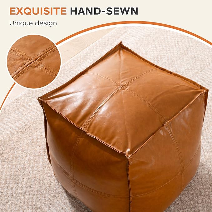 Pouf Ottoman Cover (Only Cover, No Filler), 17.7" Square Unstuffed Pouf Cover, Faux PU Leather Moroccan Poofy Ottoman Footstool, Brown No Filler Footrest, Floor Chair Gifts Foot Rest for Living Room