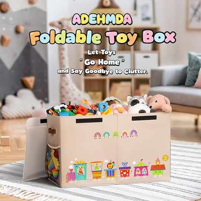 80L Large Toy Storage Box with Lid, Large Toy Box Chest for Kids, Girls and Boys, Nursery Room and Living Room, 26"x13" x16" (Dark Khaki-train)