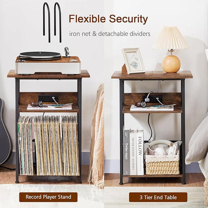 AMHANCIBLE Record Player Stand with Charging Station, Large Turntable Stand with Storage Cabinet, 3 Tier End Table Hold Up to 100 Albums, Record Stand for Vinyl, Living Room, Brown, HETCD012BR-1