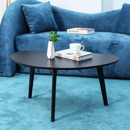 FIRMINANA Small Black Oval Coffee Table for Small Space , Simple Modern Center Table with OAK Wood Legs-Black-18.9" D x 33.47" W x 15.75" H
