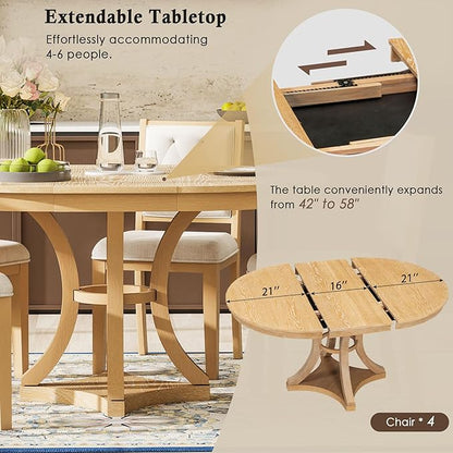 Merax 5-Piece Extendable Round Dining Table Set 42"-58" Retro Functional Table and 4 Upholstered Chairs for Dining Room and Living Room (Natural)