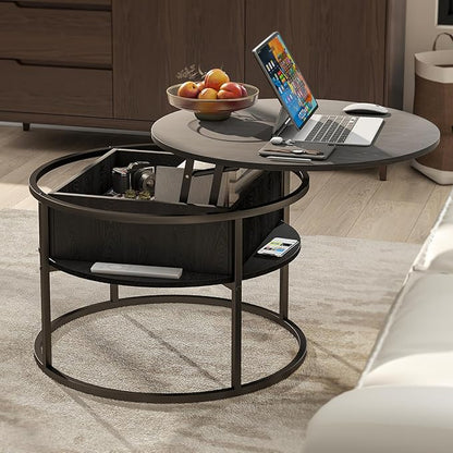Round Lift Top Coffee Table,Coffee Tables Living Room,Black Coffee Table with Storage Hidden Compartment,Wood Farmhouse Coffee Table Decor,Center Table for Living Room,Modern Coffee Table