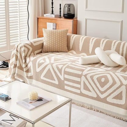 VM VOUGEMARKET Boho Couch Cover for 2 Cushion Chenille Sofa Cover Dog Proof Geometric Loveseat Sofa Slipcover L Shaped Sofa Furniture Protector with Tassels Sectional Couch Cover-71 x 118,Khaki