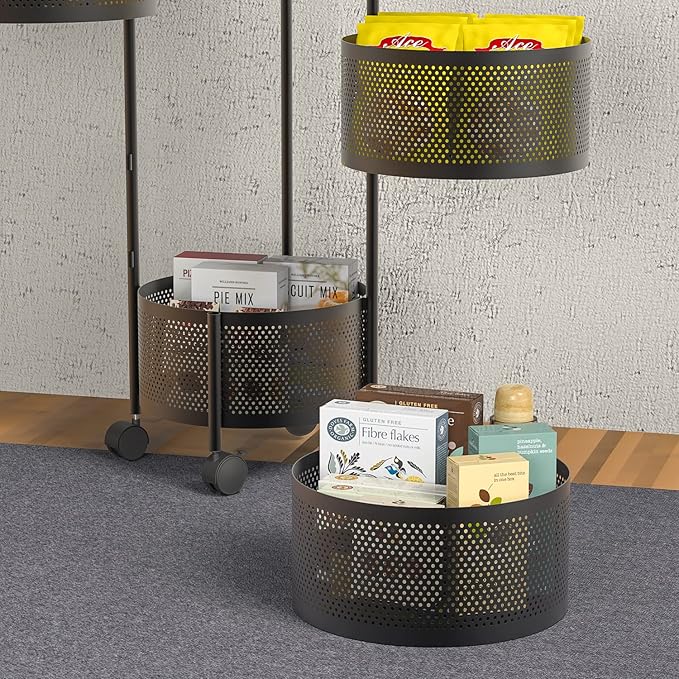 Kitchen Storage Rack No Assembly, 4-Tier Metal Storage Tower Cart Organizer on Rolling Wheels with Removal Basket for Fruit Vegetable Grocery Corns Potato Onion,Fruteros Para Cocina (4-Tier, Black)
