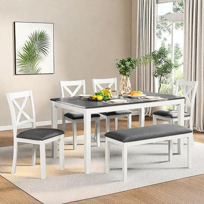 Dining Table Set for 5, 6-Piece Kitchen Table & Chairs Set with Rectangular Table, Bench & 4 Upholstered Chairs, 58.5'' Dinner Set with Wood Legs & X-Shaped Backrest for Kitchen, White&Gray